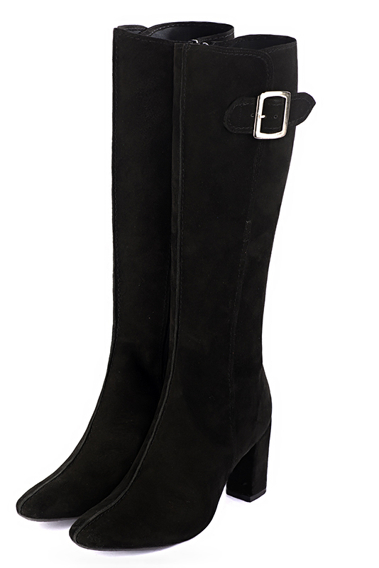 Matt black women's knee-high boots with buckles. Round toe. High block heels. Made to measure. Front view - Florence KOOIJMAN